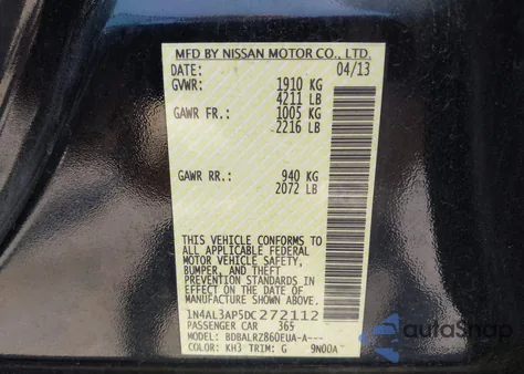 2013 Nissan Altima 2.5 S z USA, uszkodzony, nr VIN 1N4AL3AP5DC272112